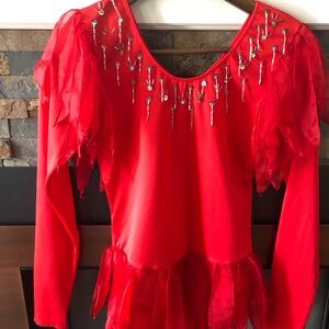 Red Long Sleeve Figure Skating Costume with Silver Accents